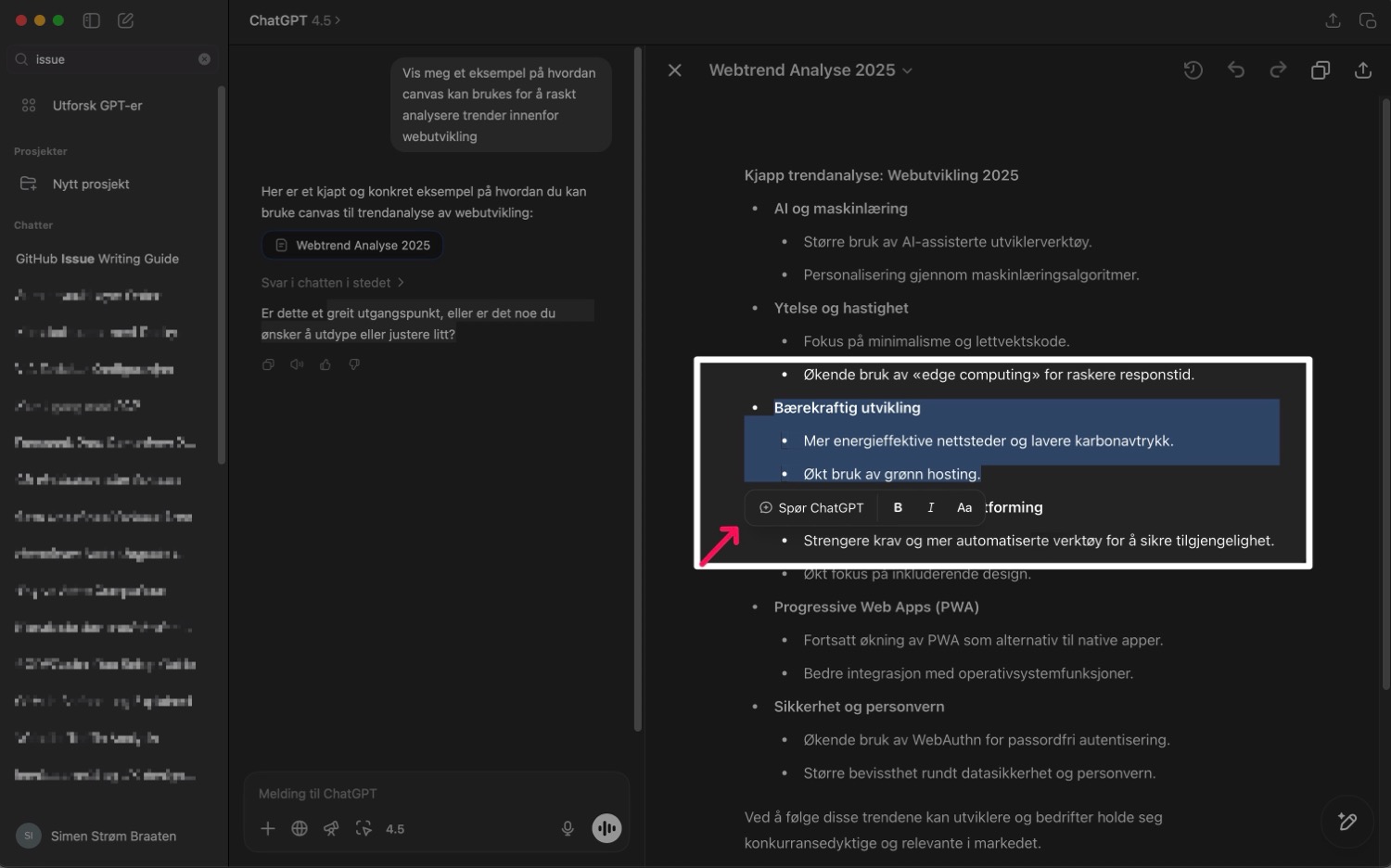 eksempel på in-line editing i ChatGPT