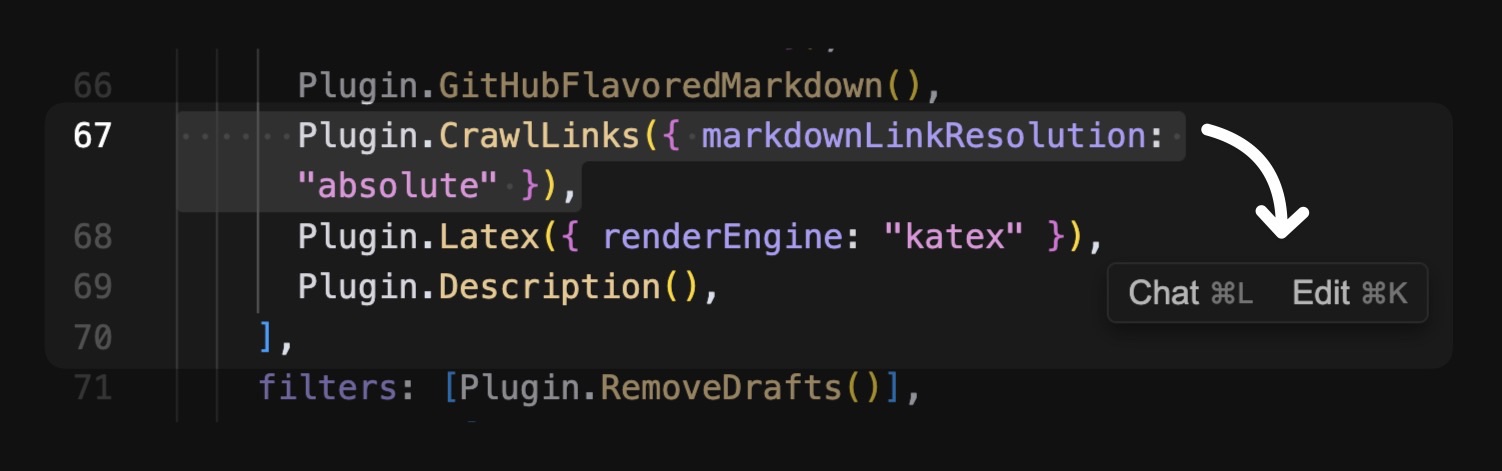 eksempel på "in-line editing" i Cursor-appen