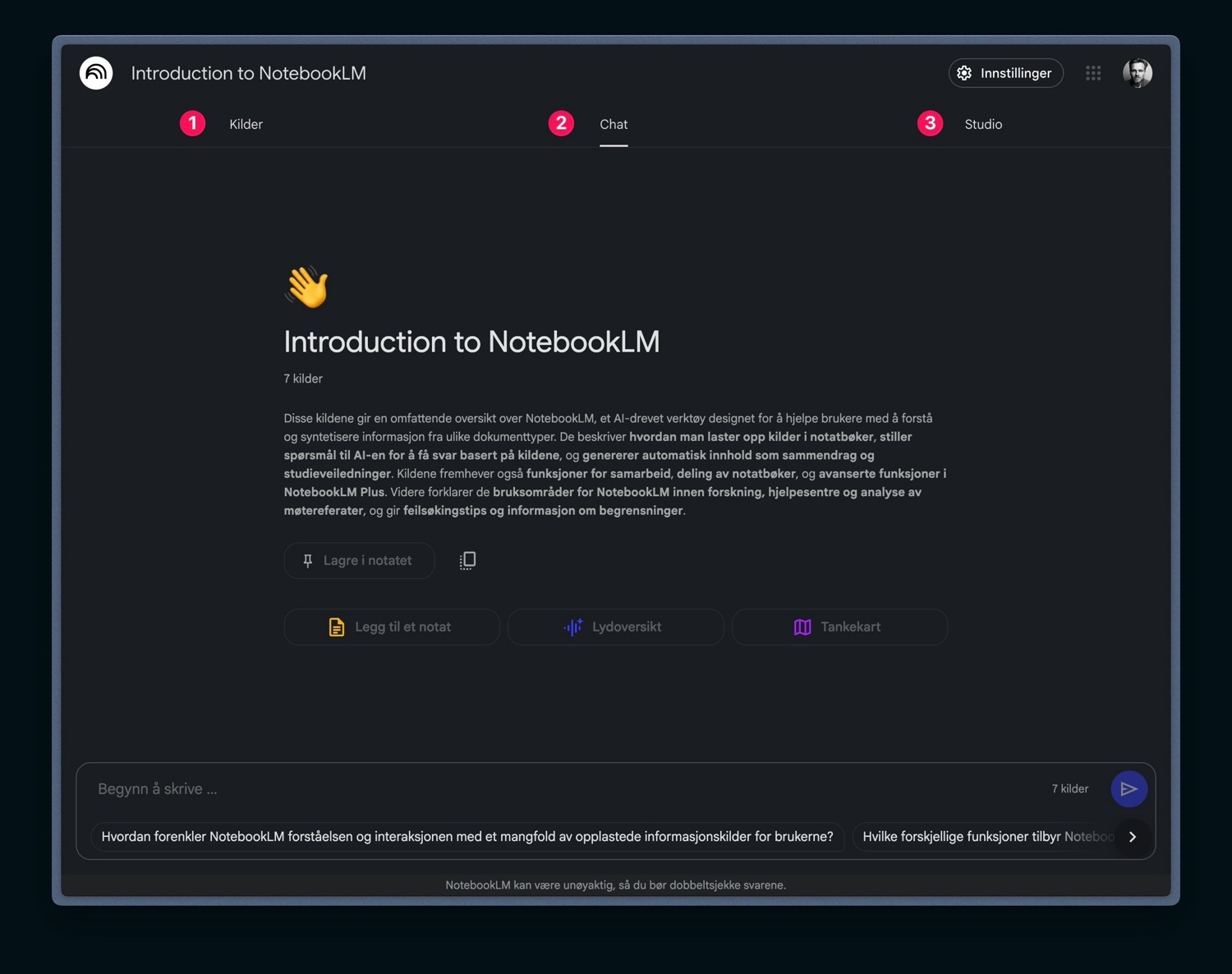 inndeling i faner i NotebookLM