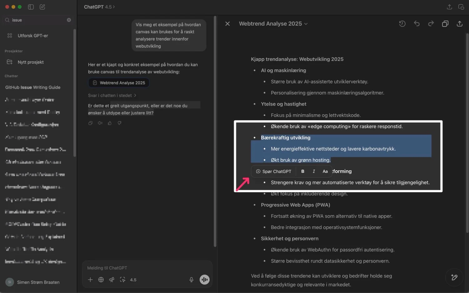 eksempel på in-line editing i ChatGPT