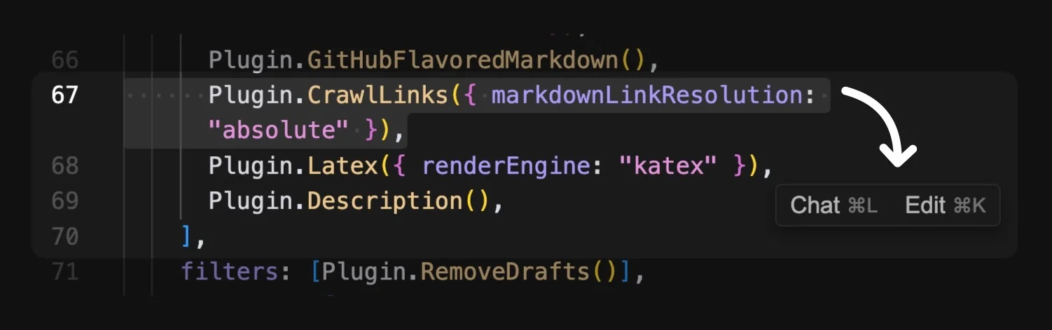eksempel på “in-line editing” i Cursor-appen